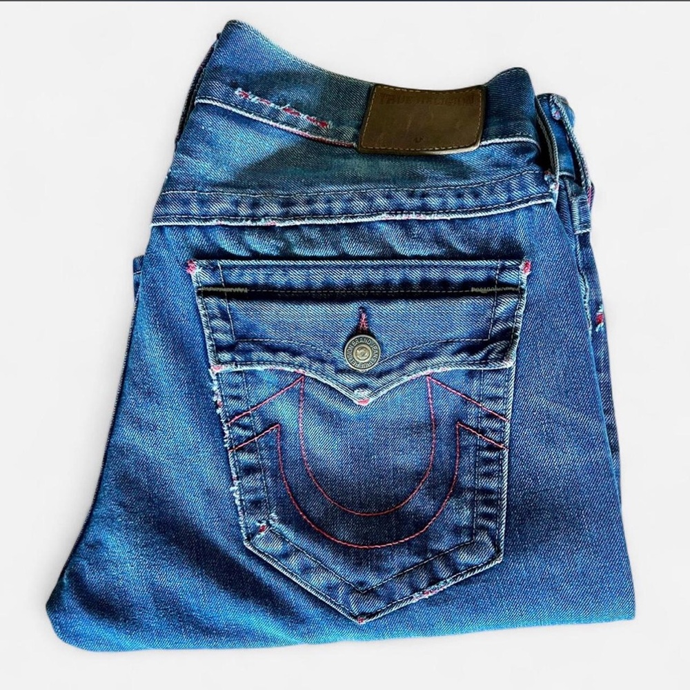 ❤️True Religion Geno Jeans • USA Made • Distressed Red Repair Stitch Y2K Denim